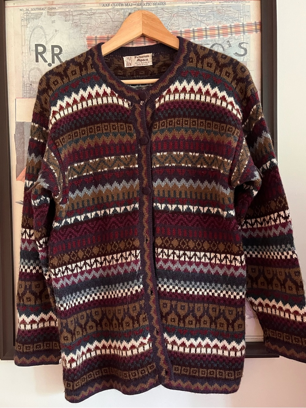 Vintage 100% Alpaca Wool Peruvian Hand-Knit Fair Isle Cardigan
